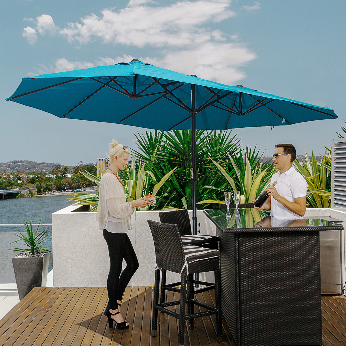 Outsunny 4.6m Double Canopy Patio Umbrella Parasol with Crank Lift, 12 Ribs – Garden Sun Shade without Base, Blue