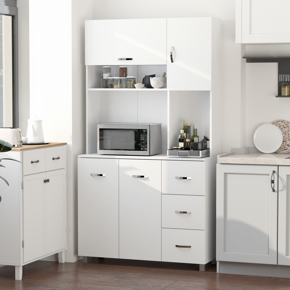 Freestanding Kitchen Storage Cabinet with Cupboards, Drawers & Open Shelf – Versatile Kitchen Unit, White