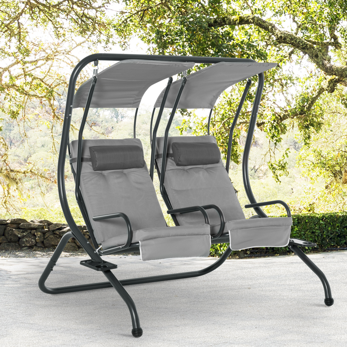 Outsunny Canopy Double Garden Swing with 2 Separate Chairs & Steel Frame – Patio Swing Seat, Grey
