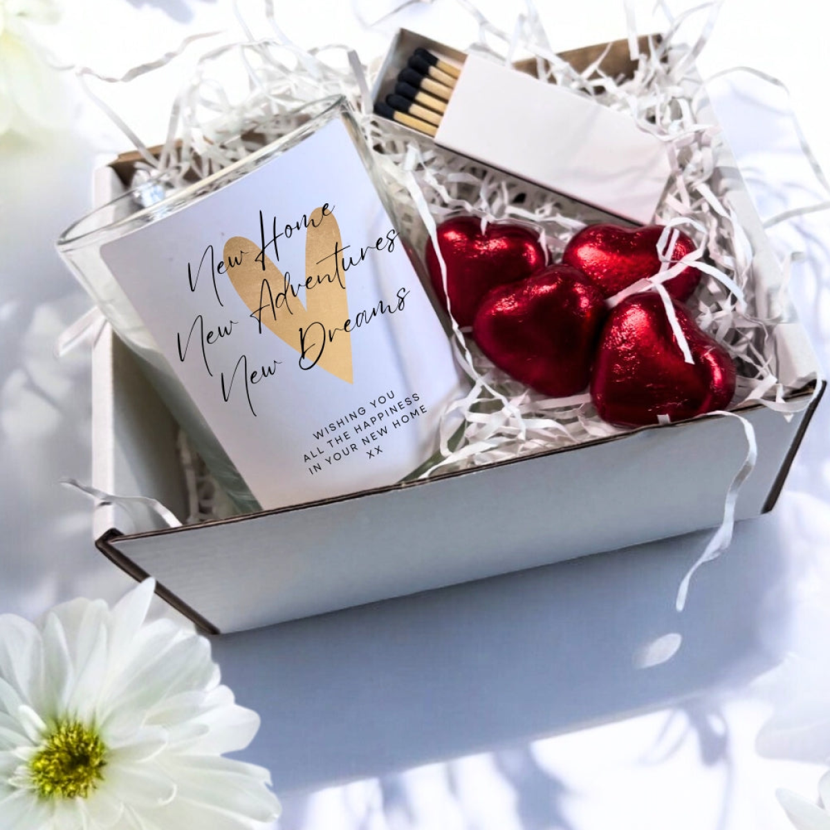 Gold Heart New Home Candle Gift Set – Fresh Linen Scent with Chocolates and Matches
