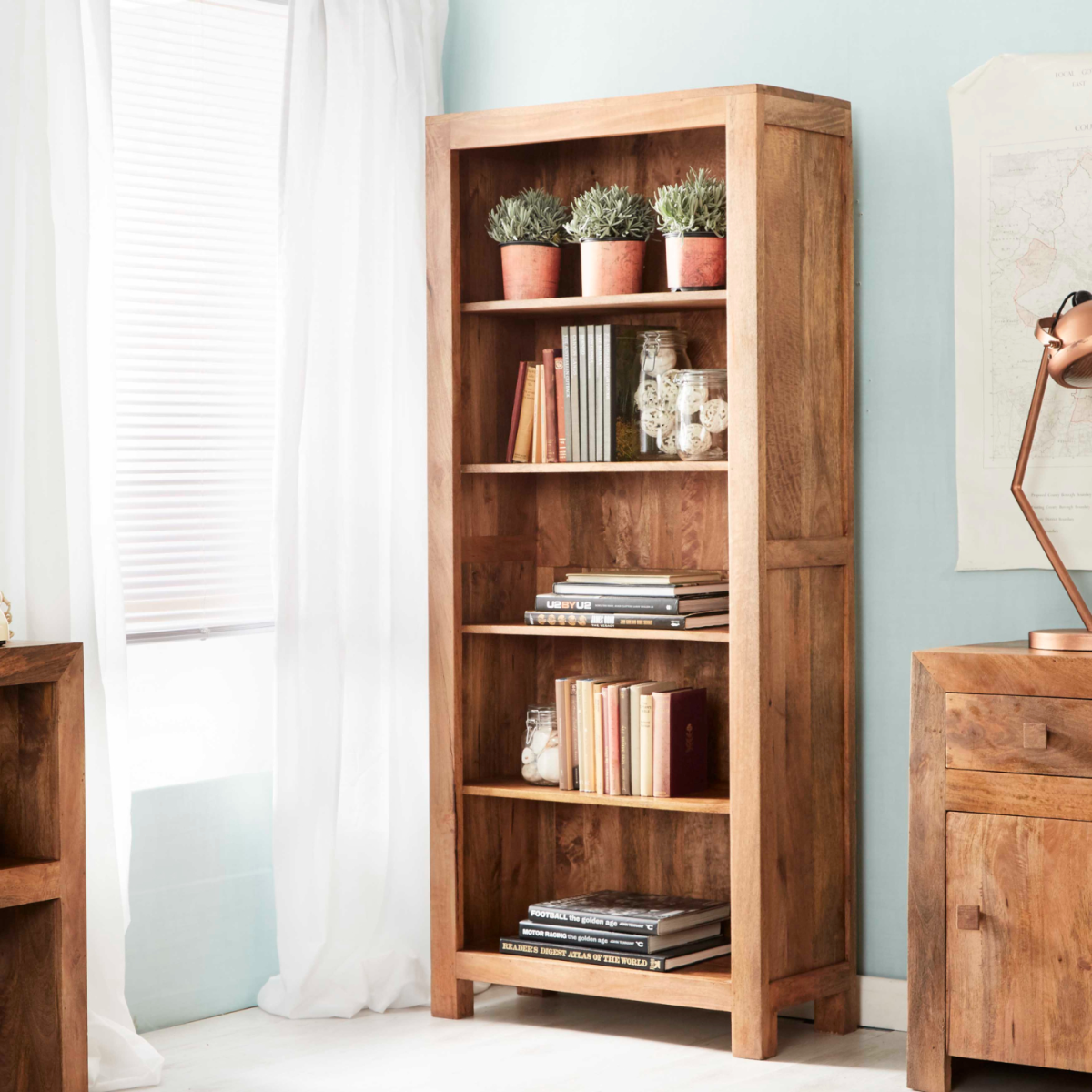 Toko Light Mango Wood Large Open Bookcase – Solid Wood Shelving, Contemporary Design