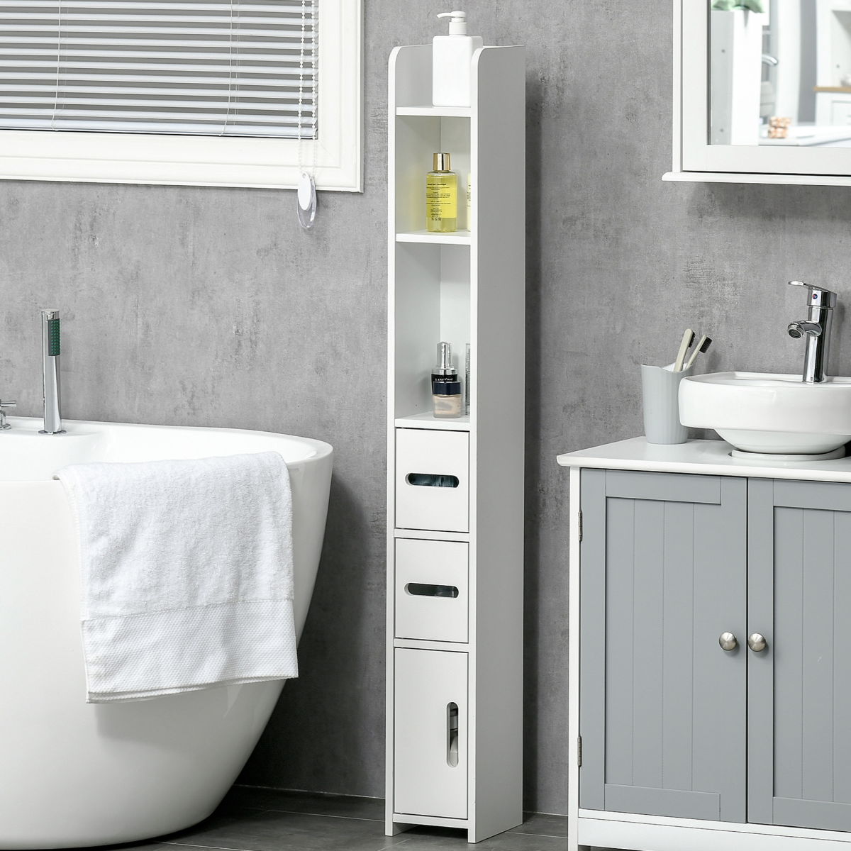kleankin Freestanding Bathroom Cabinet with 3 Open Shelves and 3 Cupboards – Slim Storage, White