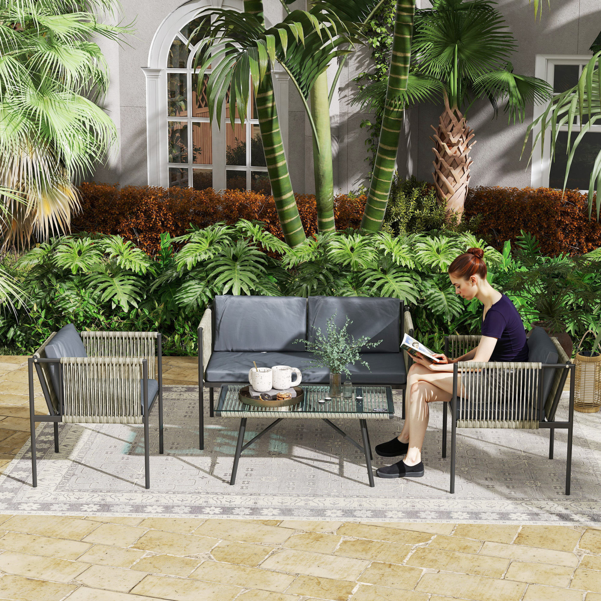 Outsunny 4 Seater Rattan Garden Furniture Set with Tempered Glass Coffee Table – Outdoor Sofa Set, Grey