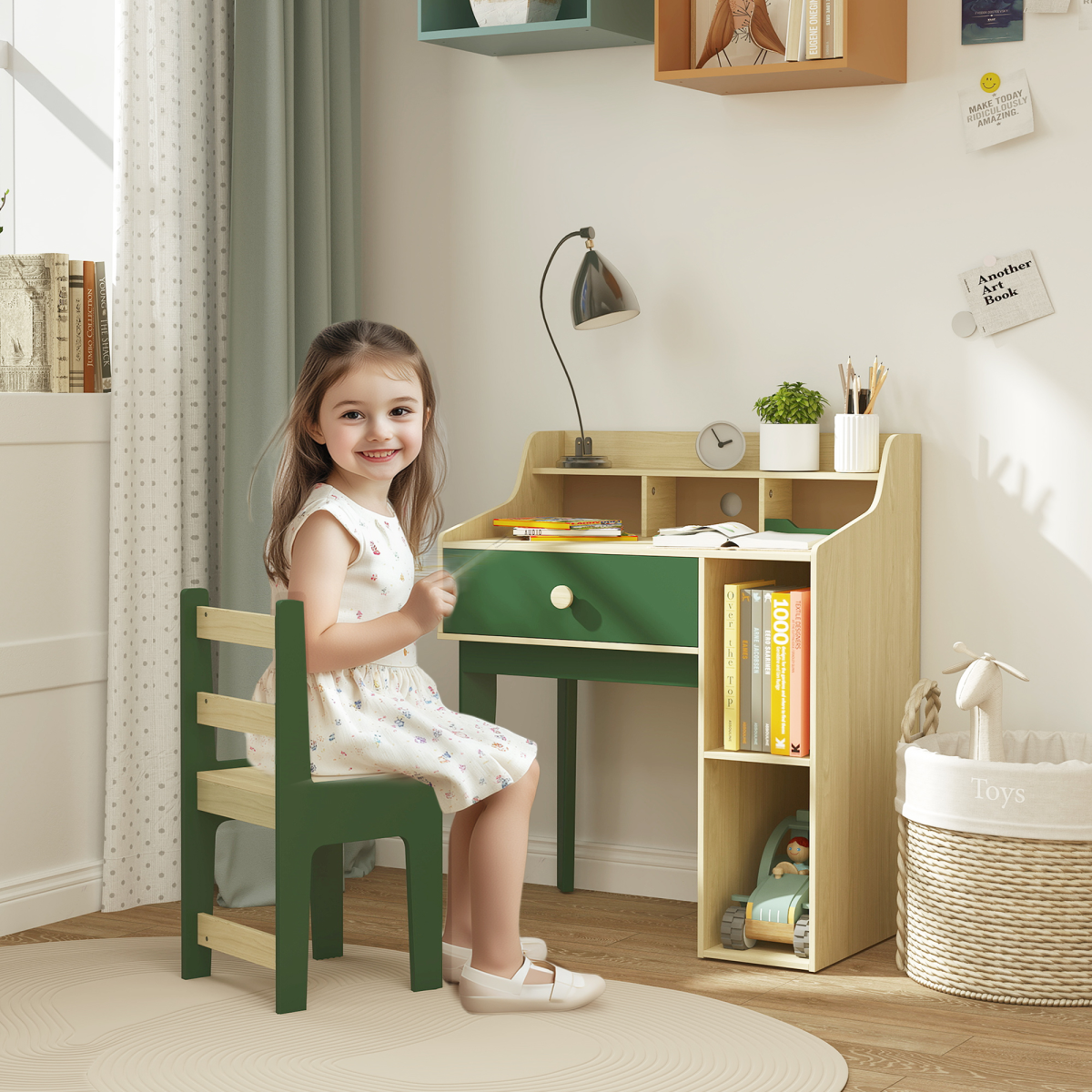 AIYAPLAY Kids Desk and Chair Set with Storage Shelves, Drawer & Storage Grids – Study Set for Ages 3–10, Green