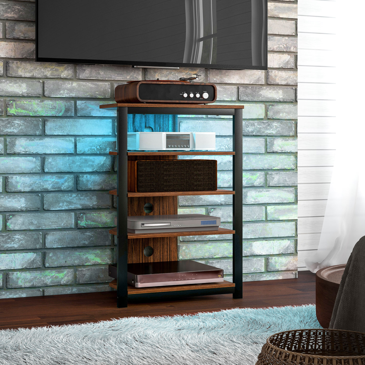 HOMCOM Corner TV Stand with RGB LED Lights and 4-Tier Open Shelves – Compact TV Unit for TVs up to 29 Inches