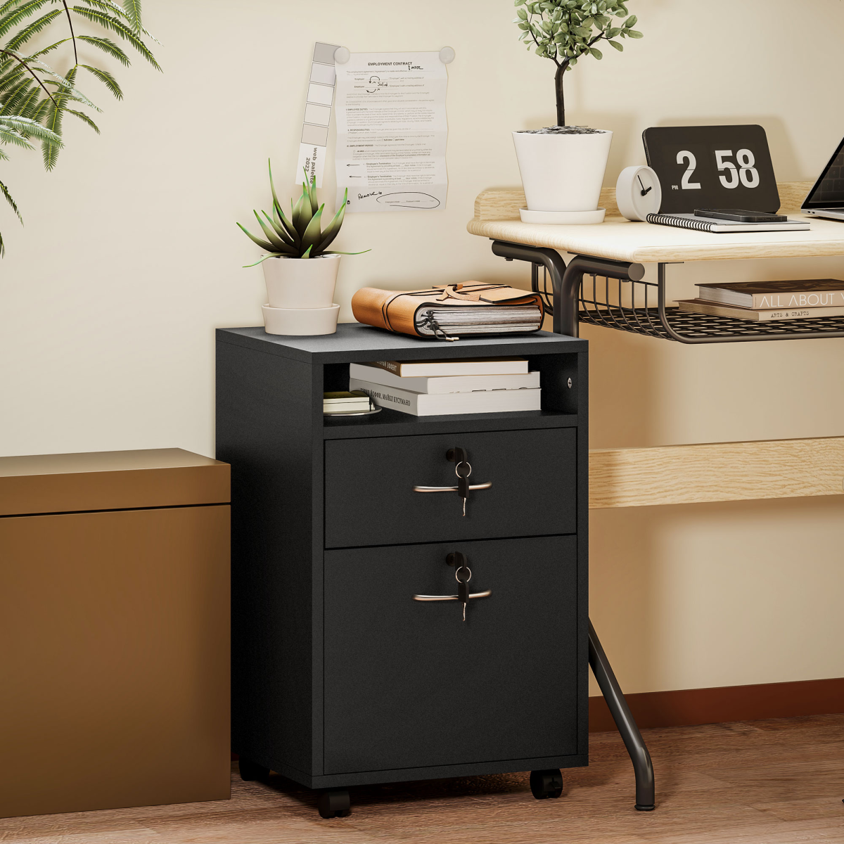 HOMCOM 60cm Mobile Storage Cabinet with Drawer, Cupboard and Open Shelf – Lockable Wheels, Black
