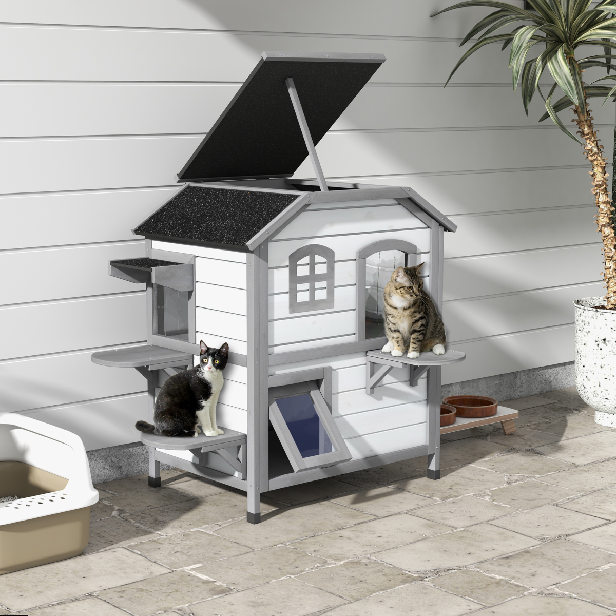 PawHut Two-Storey Wooden Kitten Condo with Openable Roof – Indoor & Outdoor Catio Enclosure, White