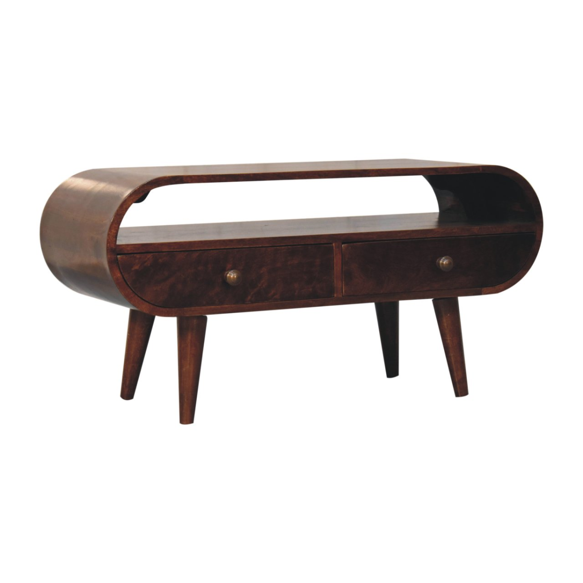 Artisan Furniture California Walnut Circular TV Stand – Solid Mango Wood, 2 Drawers & Open Slot, Brown