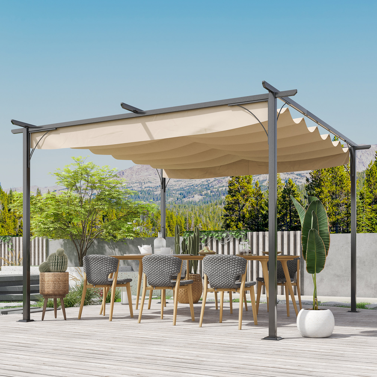 Outsunny Steel Garden Pergola with Retractable Canopy, 350cm – Patio Shade, Black/Beige