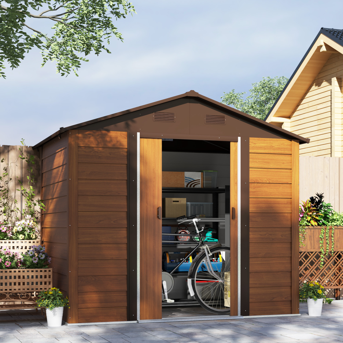 Outsunny 7.7 x 6.4ft Garden Shed with Lockable Sliding Door & Vents – Tool and Bike Storage, Brown