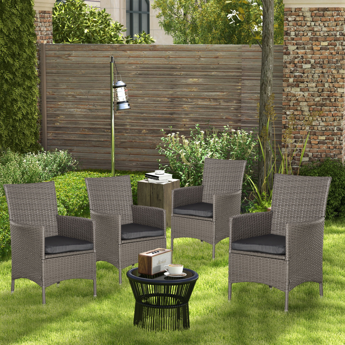 Outsunny Set of 4 Grey PE Rattan Outdoor Armchairs with 5cm Cushions – Garden Dining Seating
