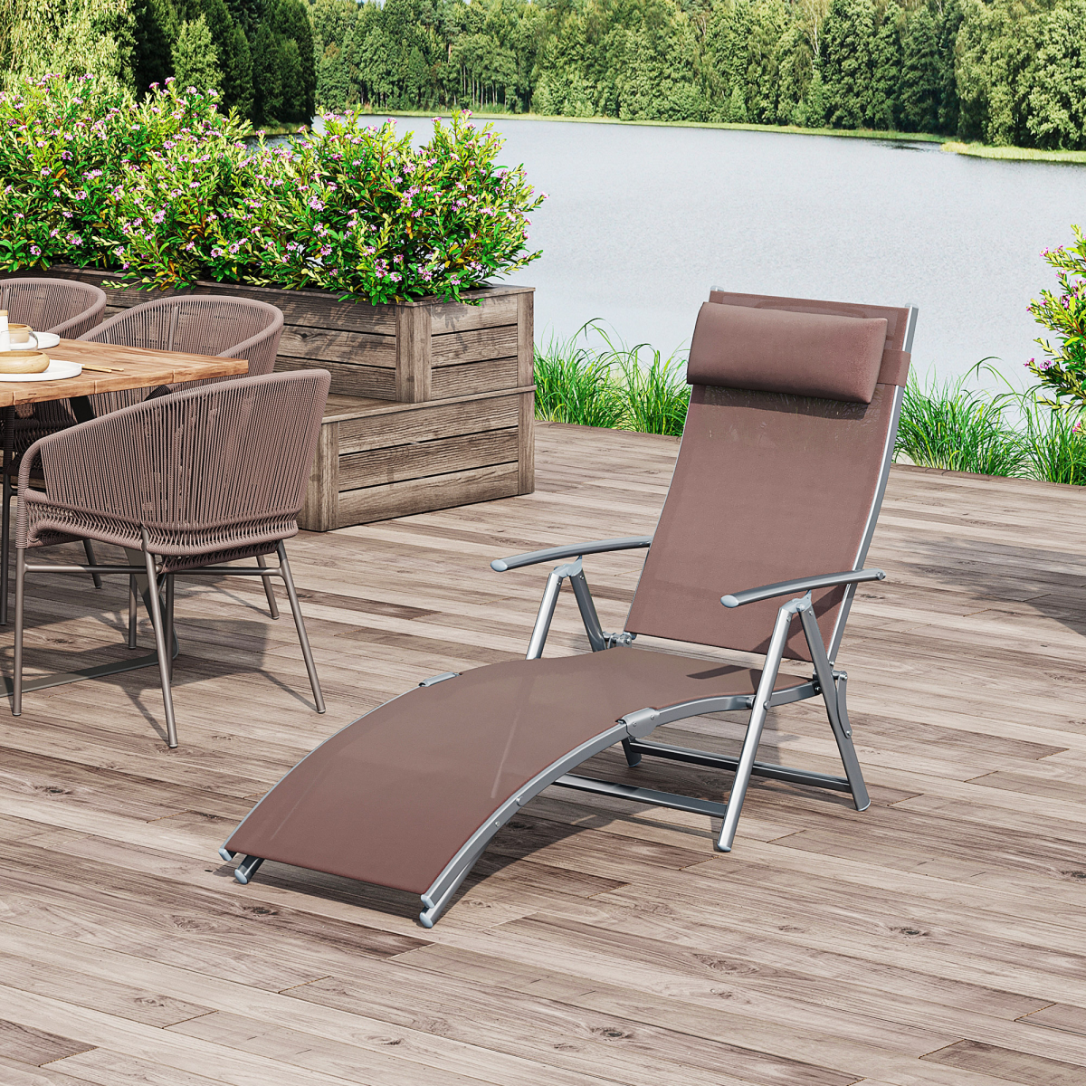 Outsunny Heavy-Duty Foldable Sun Lounger with 7-Level Recline & Pillow, Steel Frame, Texteline – Brown