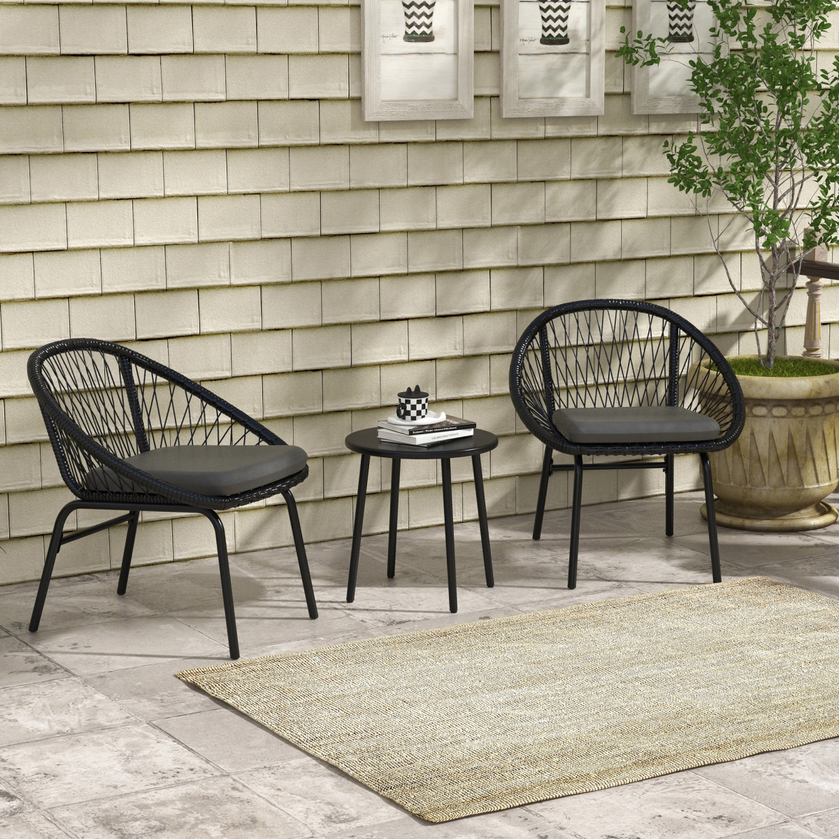 Outsunny 3-Piece Wicker Bistro Set with 2 Round Chairs, Padded Cushions & Metal-Top Coffee Table – Patio Balcony Furniture, Black/Dark Grey