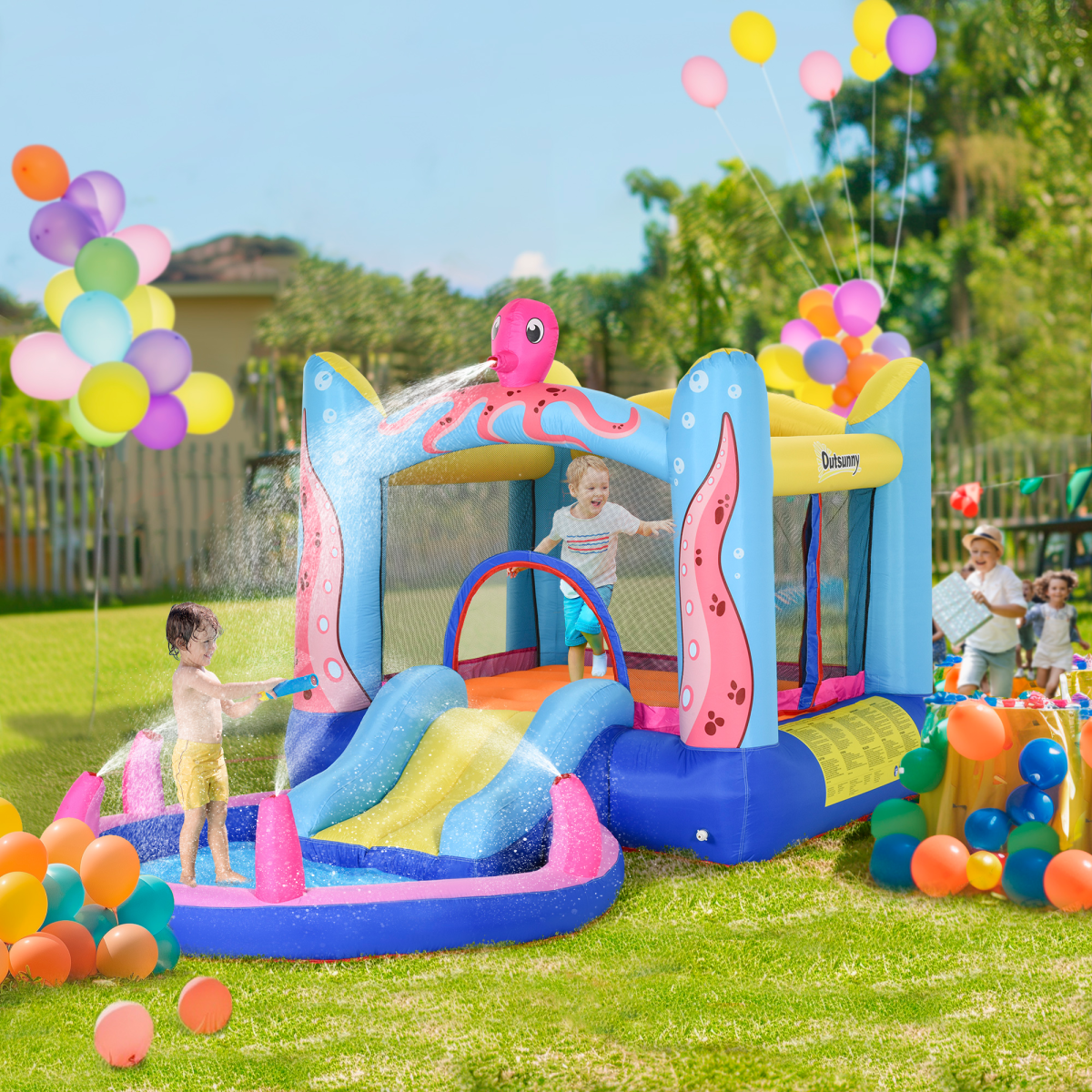 Outsunny Bouncy Castle with Slide, Water Pool, Trampoline & 5 Sprayers – Kids Garden Inflatable with Blower
