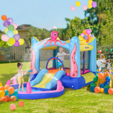 Outsunny Bouncy Castle with Slide, Water Pool, Trampoline & 5 Sprayers – Kids Garden Inflatable with Blower