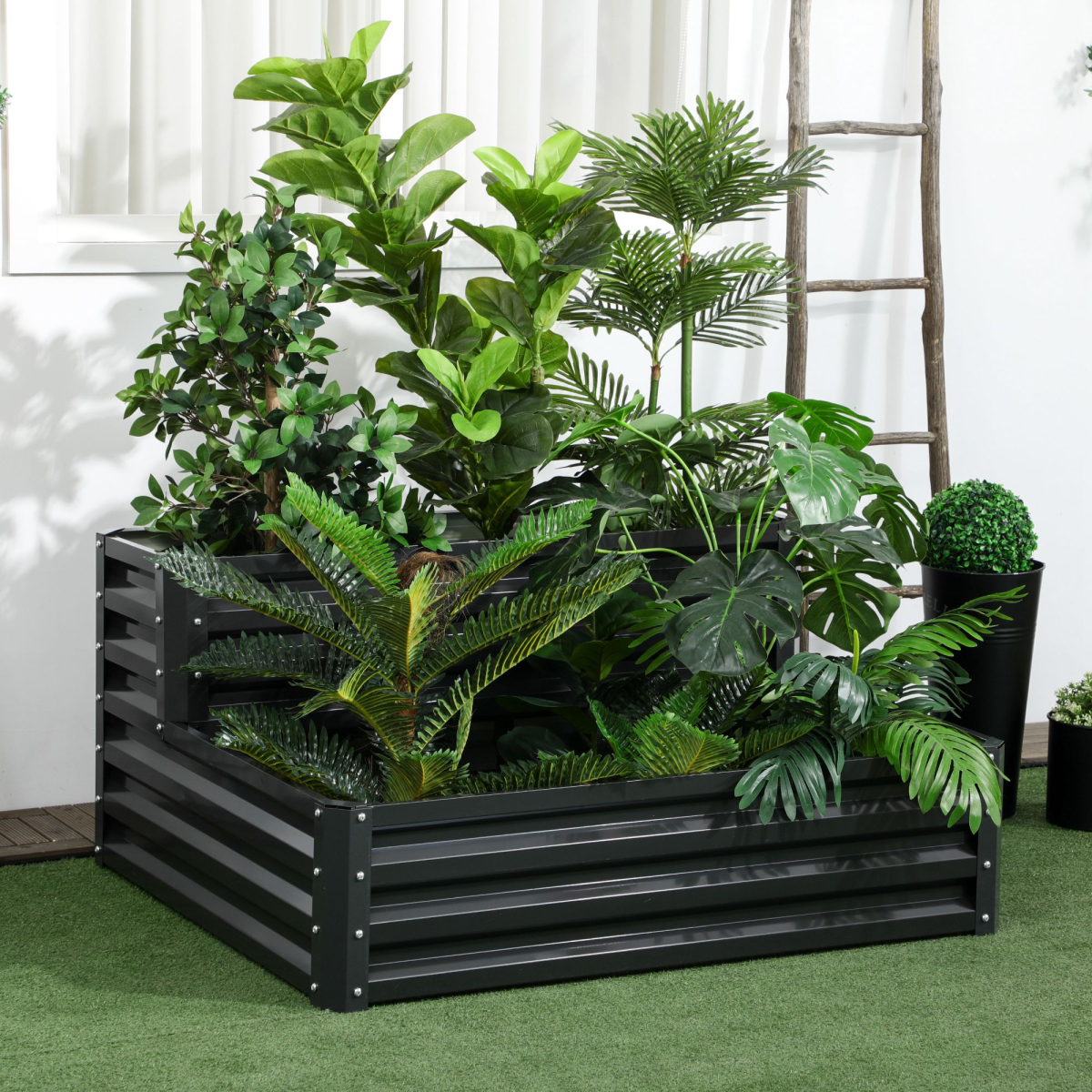 Outsunny 2 Tier Galvanised Steel Raised Garden Bed Planter Box – Open-Bottom Planter for Herbs & Flowers, Dark Grey