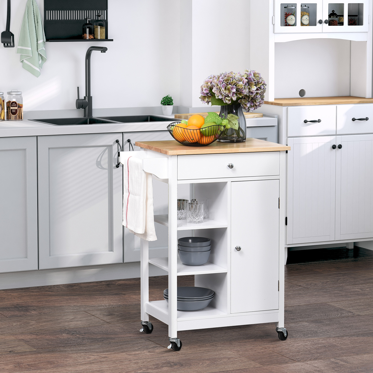 HOMCOM Kitchen Storage Trolley on Wheels with Drawer, Cabinet & Shelves – Kitchen Storage Cart, White