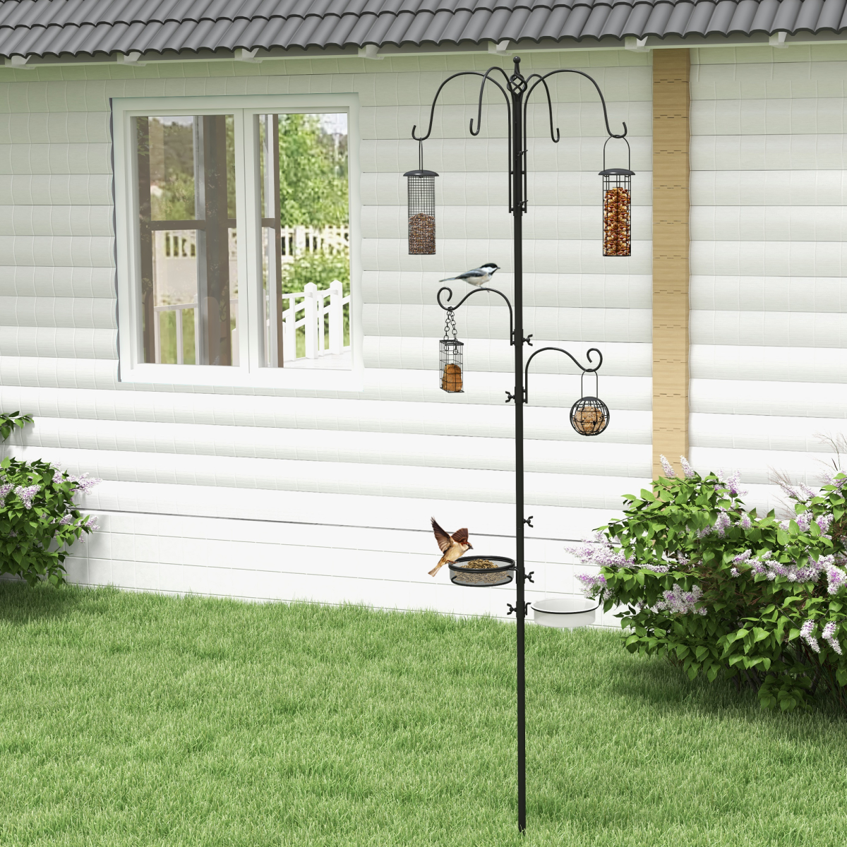 PawHut Bird Feeding Station Kit with 6 Hooks and 4 Hanging Feeders – Garden Wild Bird Feeder Pole
