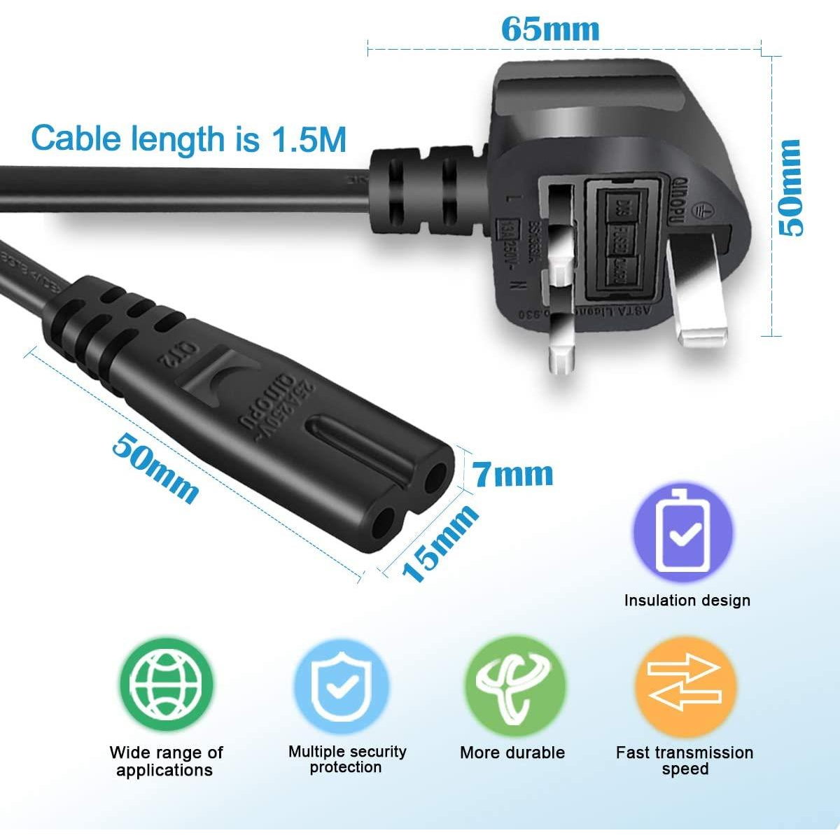 ExtraStar 1.5m Replacement Power Cable with UK 3-Pin Plug and IEC C7 Figure-8 Connector – Black
