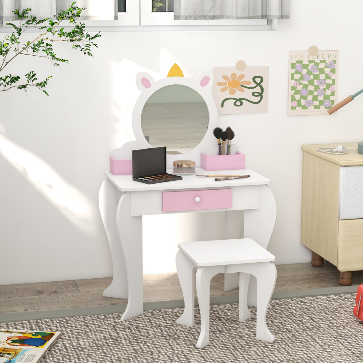 ZONEKIZ Kids Dressing Table with Mirror, Stool, Drawer & Storage Boxes – Unicorn Design Vanity Set, White