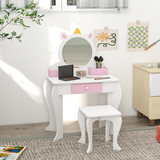 ZONEKIZ Kids Dressing Table with Mirror, Stool, Drawer & Storage Boxes – Unicorn Design Vanity Set, White