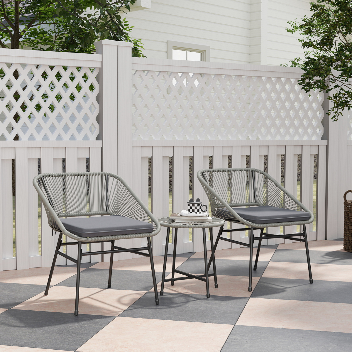 Outsunny 3-Piece Rattan Bistro Set with Cushions & Tempered Glass Table – Balcony Patio Furniture, Light Grey