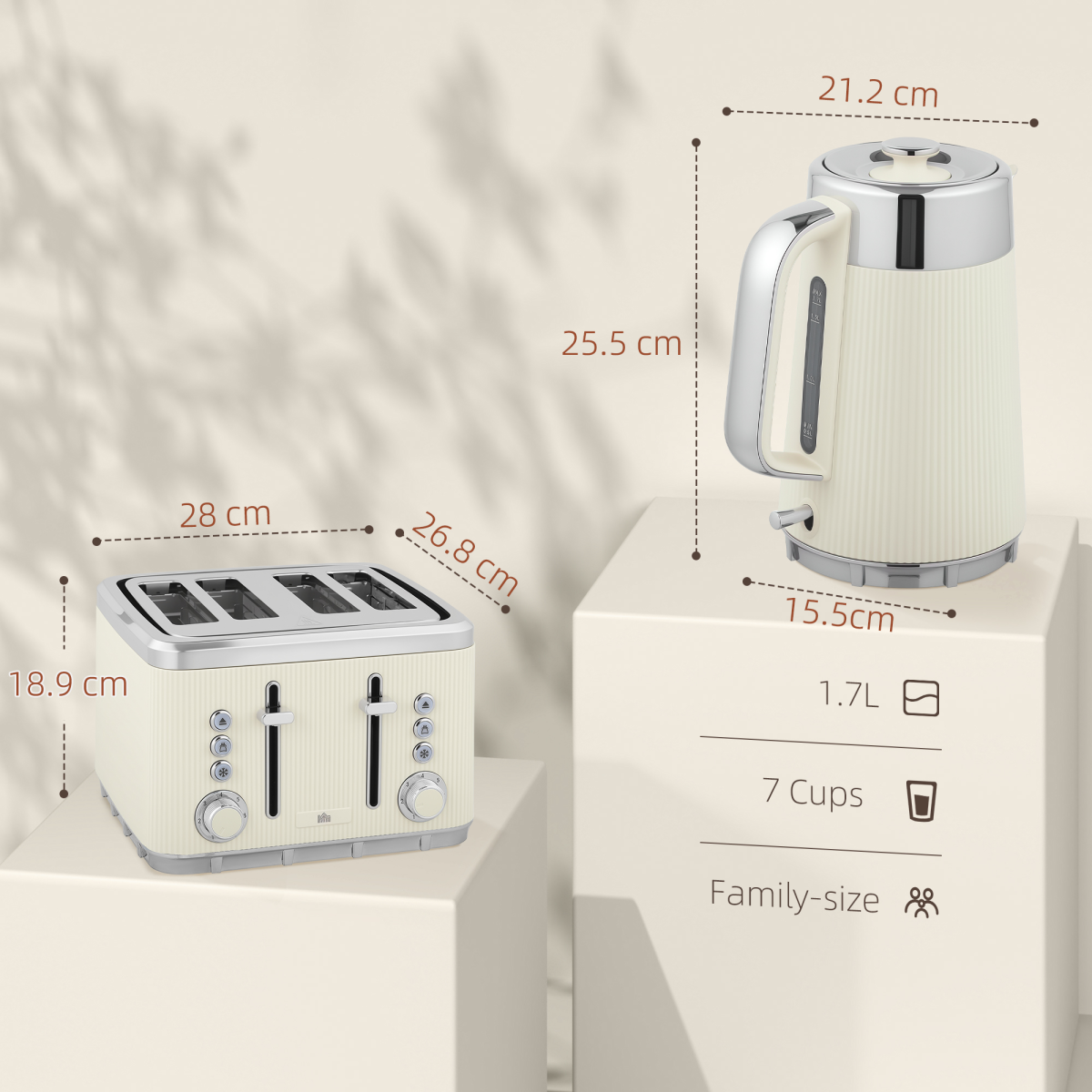 Kettle and 4-Slice Toaster Set with 1.7L 3000W Fast Boil Kettle & 7 Browning Levels – Ridged Design, Cream