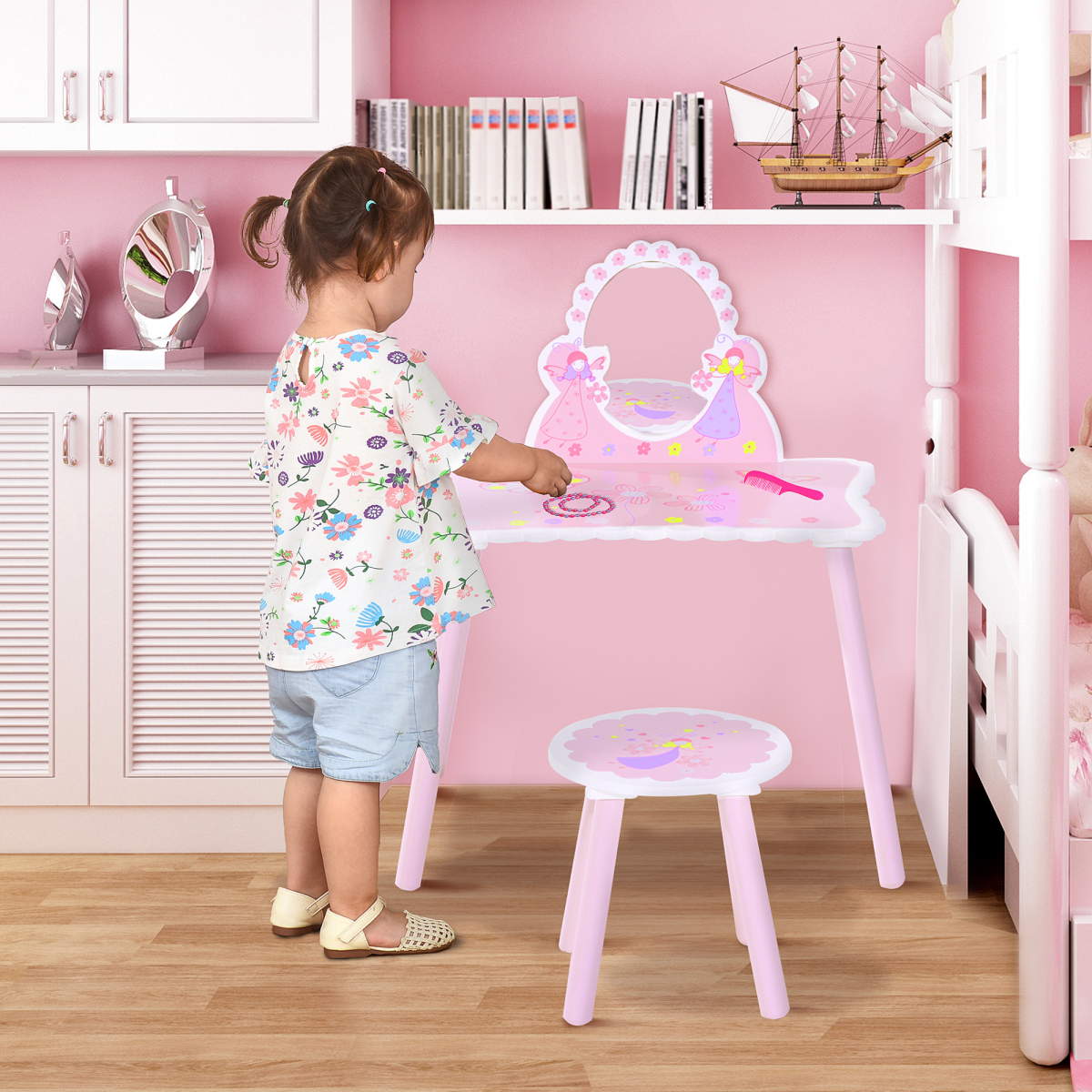 HOMCOM Kids Dressing Table and Chair Set with Mirror – Pink Make-Up Play Desk with Butterfly Patterns