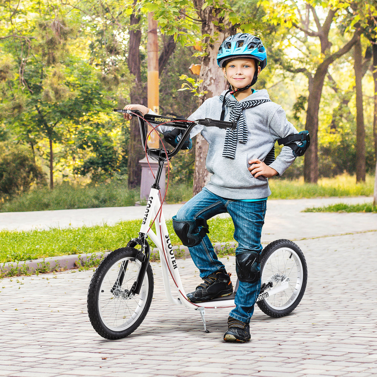 HOMCOM Kids Kick Scooter with Adjustable Handlebar, Dual Brakes & Inflatable Rubber Tyres – Ages 5+