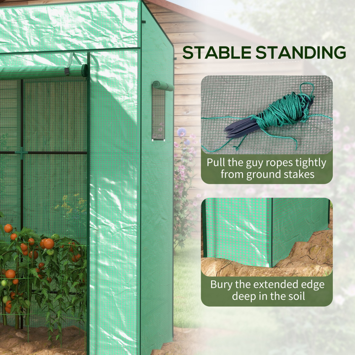 Lean-to Walk-in Greenhouse with Roll-up Door & 2 Mesh Windows – PE Cover Wall Grow House, 196 x 77 x 197cm, Green