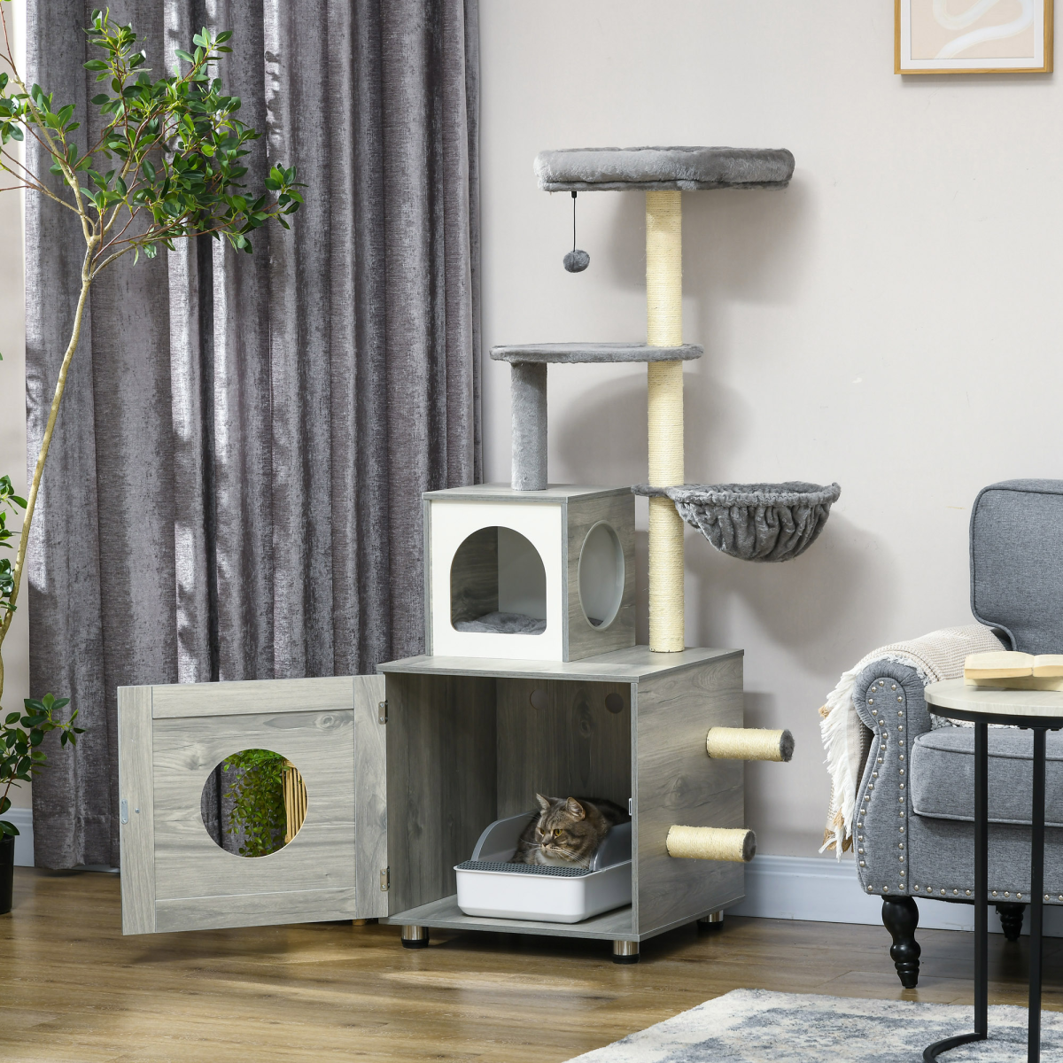 PawHut Cat Litter Box Enclosure with Cat House, Bed, Scratching Posts and Platform – 2-in-1 Cat Tree, Grey