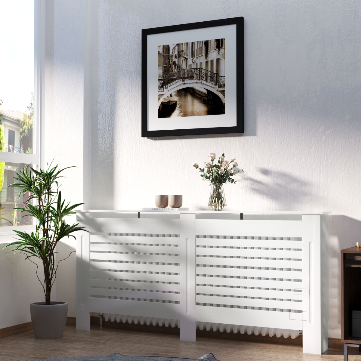 HOMCOM Modern Slatted Radiator Cover with Shelf Top – Painted MDF Heater Cabinet, White, Medium