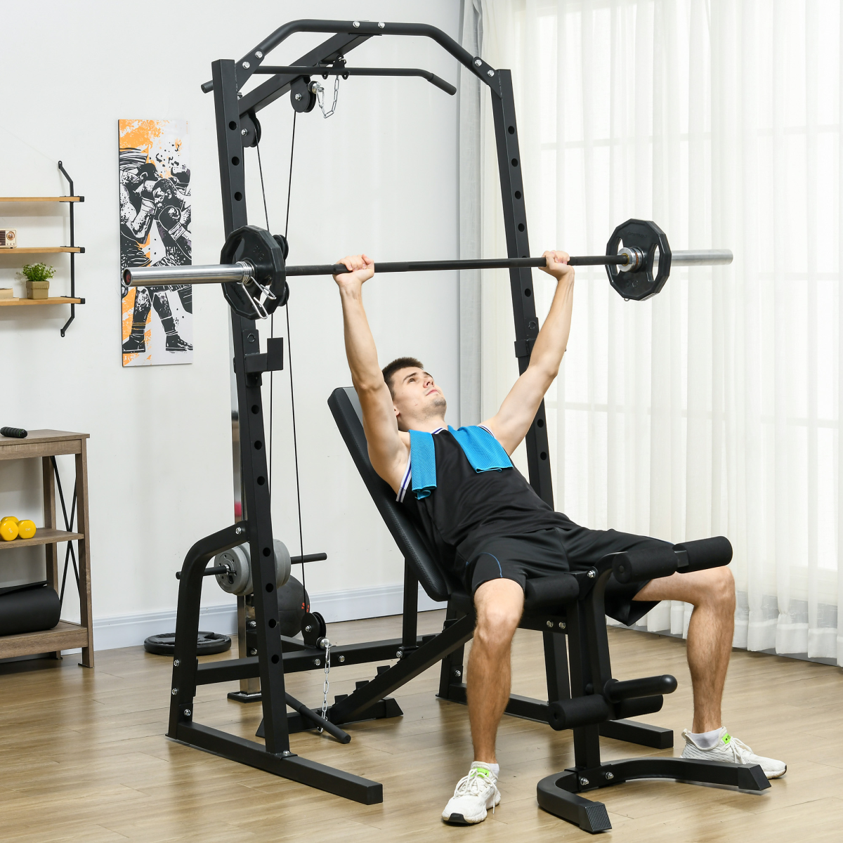 SPORTNOW Smith Machine Power Rack with Pull Up Bar, Lat Pull Down & Adjustable Bench – Home Gym Station