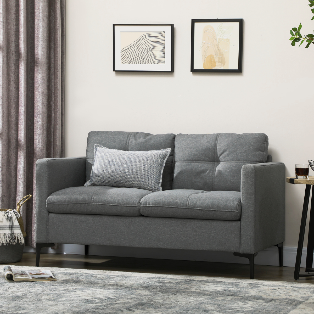 HOMCOM Modern 2-Seater Linen-Look Loveseat with Padded Seat & Back – Compact Sofa, Grey