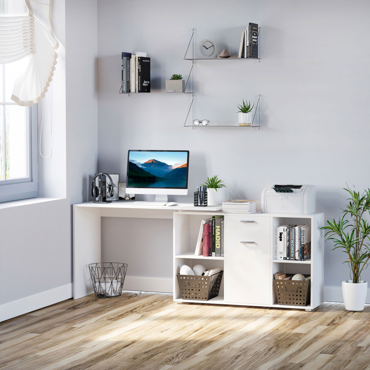 HOMCOM Large Adjustable L-Shaped Computer Desk with Rotating Shelf – Dual-Use Home Office Workstation