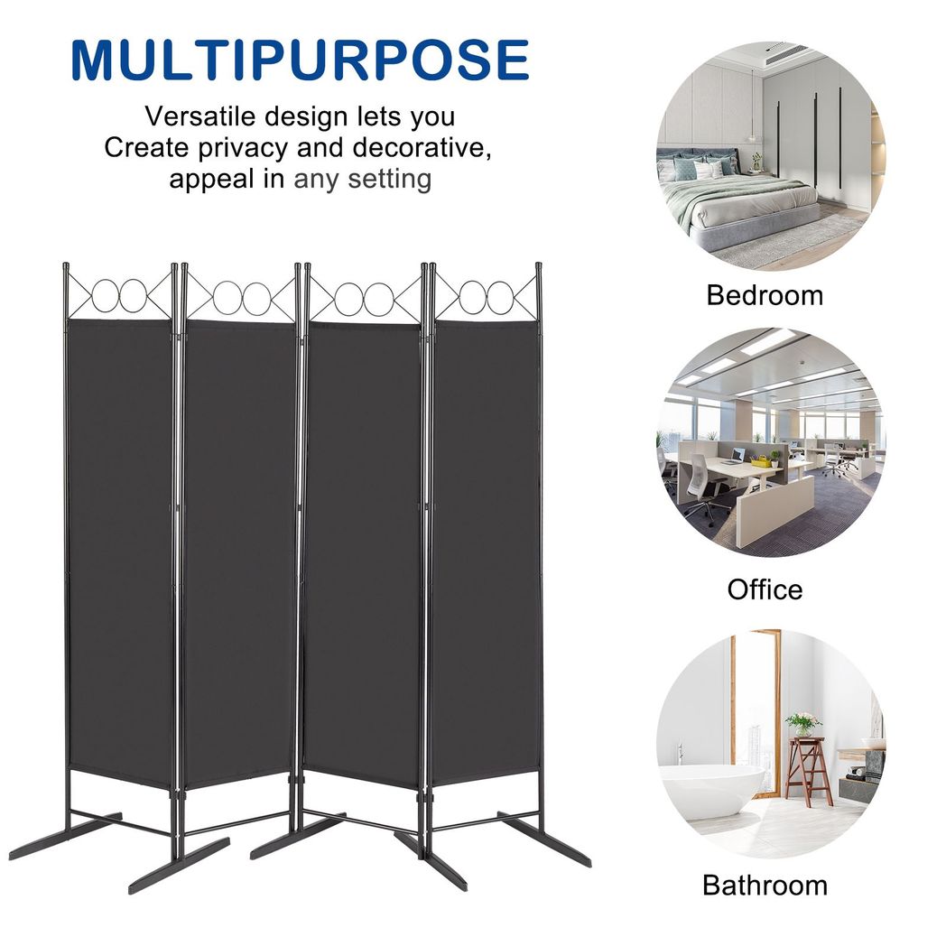 4-Panel Folding Room Divider Screen, 164 x 175cm – Black Carbon Steel Frame with Polyester Fabric