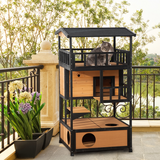 PawHut Wooden Outdoor Cat House with 3 Tiers, Tilted Roof and Balconies – Kitten Shelter, Yellow