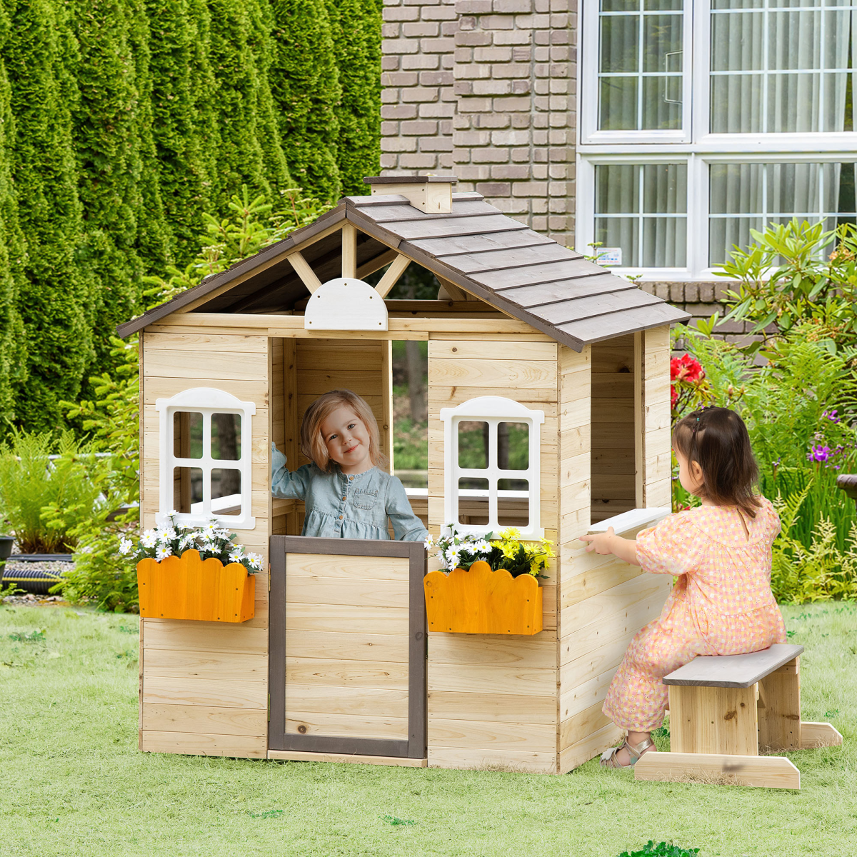 Outsunny Wooden Kids Playhouse with Door, Windows, Bench & Flowerpot Holders – Outdoor Wendy House, Ages 3-7