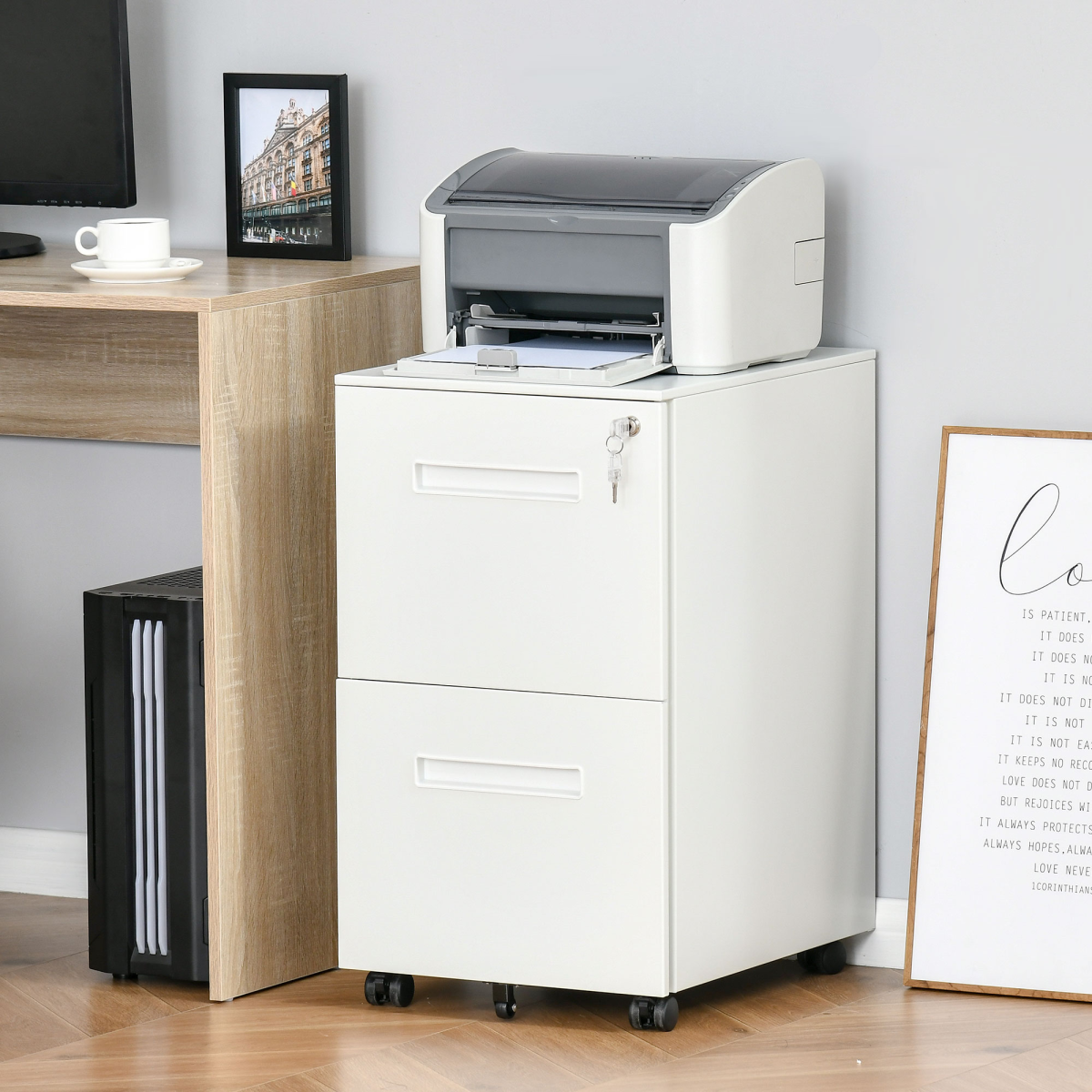 Mobile Lockable Hanging File Cabinet with Adjustable Partition and Wheels – Under-Desk Filing, White