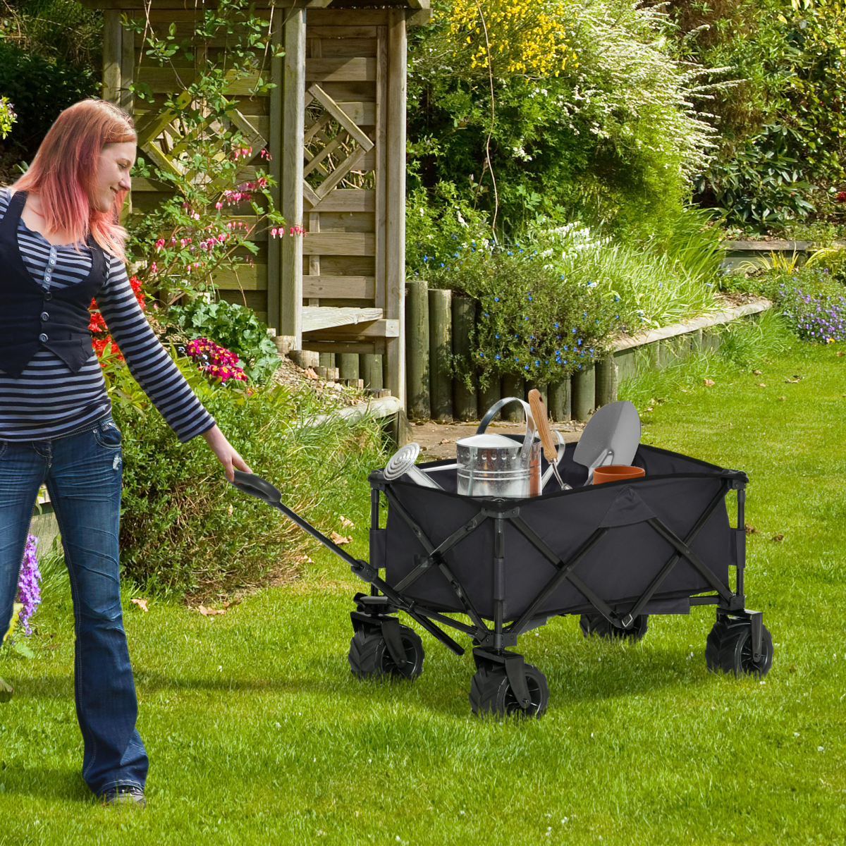 Outsunny Folding Pull-Along Garden Trolley Beach Cart with 70kg Capacity – Telescopic Handle, Green