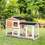 PawHut Wooden Rabbit Hutch & Guinea Pig Cage with Wheels, Run, Slide-Out Tray & Ramp – Two-Floor Outdoor House