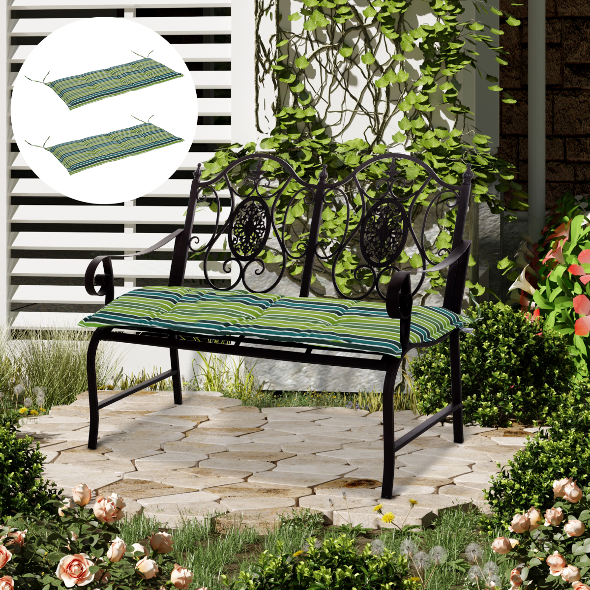 2 Piece Striped Patio Bench Swing Chair Cushion Set, 120 x 50cm – Double Seat Garden Cushions, Green