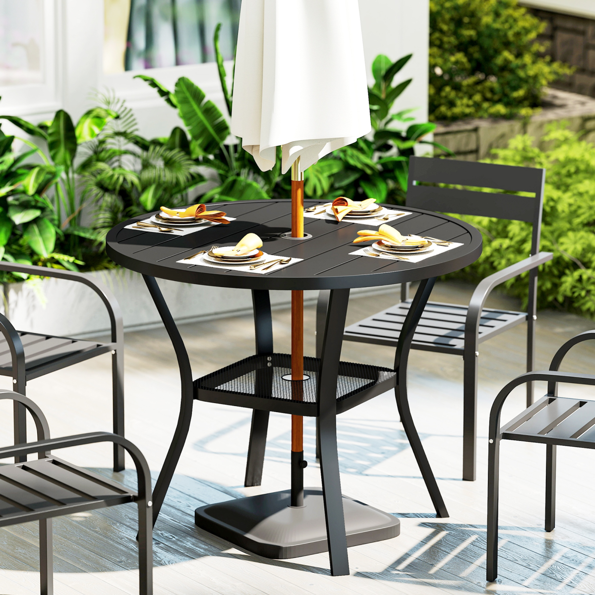 Outsunny 90cm Round Garden Dining Table with Parasol Hole – Slatted Steel Patio Table for 4, Black