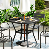 Outsunny 90cm Round Garden Dining Table with Parasol Hole – Slatted Steel Patio Table for 4, Black