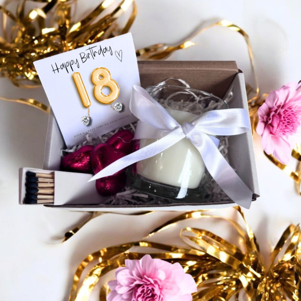 Aye Do Gifts Small 18th Birthday Gold Balloons Gift Hamper with Cubic Zirconia Earrings, Candle & Chocolates