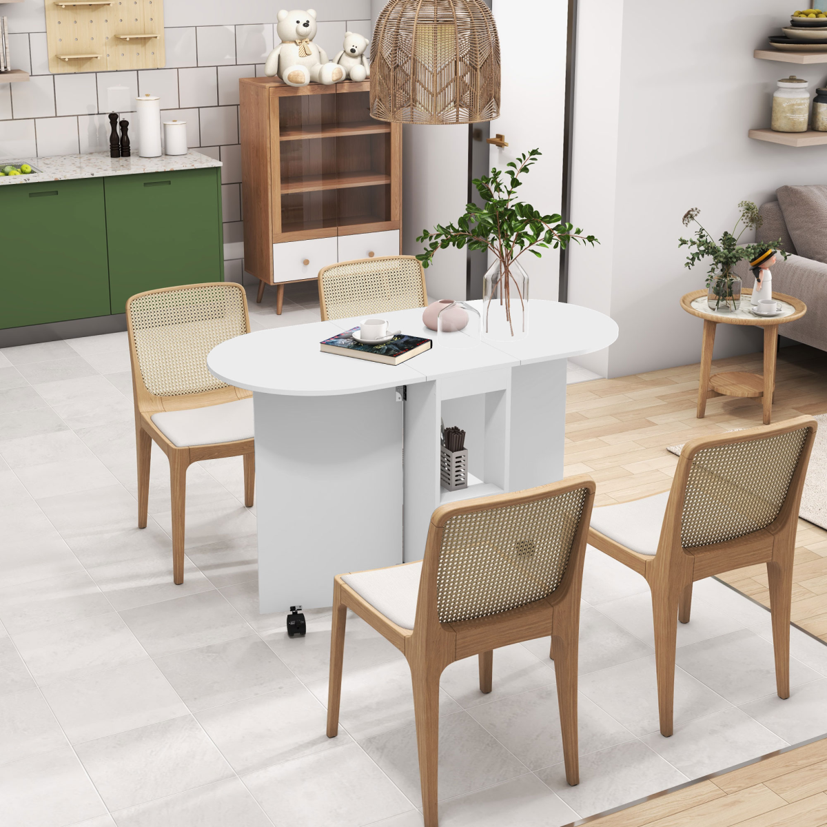 HOMCOM Folding Drop Leaf Dining Table with 2-Tier Shelves and Wheels – Space-Saving Kitchen Table, White