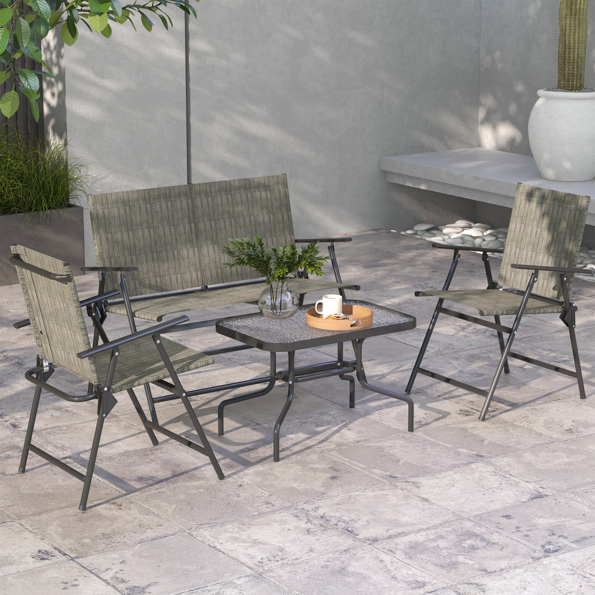 Outsunny Foldable Patio Furniture Set with 2 Armchairs, Loveseat & Glass Side Table – Garden Seating, Grey/Brown
