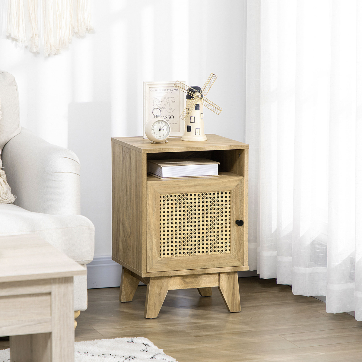 HOMCOM Bedside Table with Drawer and Shelf, Rattan Door Panel – Wood-Effect Nightstand, Anti-Tipping
