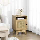 HOMCOM Bedside Table with Drawer and Shelf, Rattan Door Panel – Wood-Effect Nightstand, Anti-Tipping