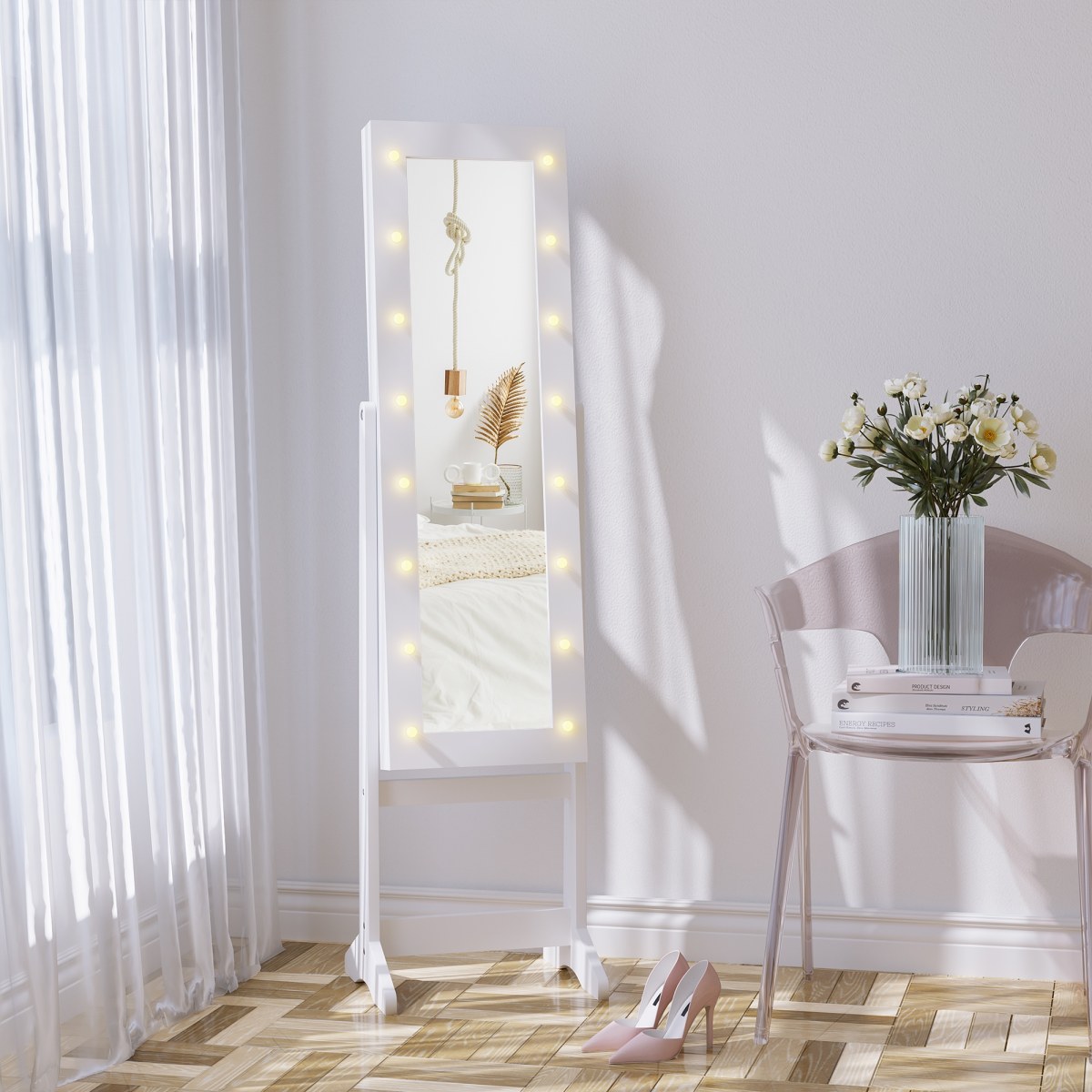 HOMCOM LED Mirrored Jewellery Cabinet with Full-Length Mirror, 36 x 30 x 136 cm – Storage, White
